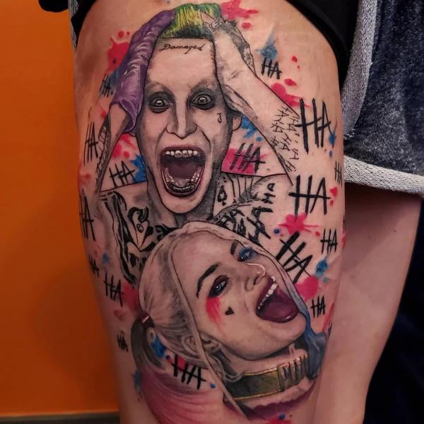Haha Joker and Harley Quinn thigh tattoo
