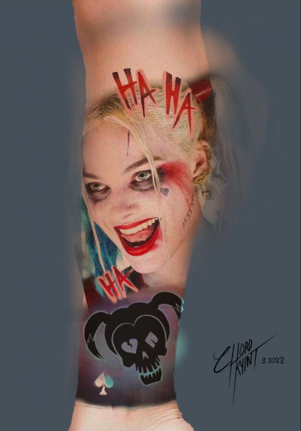 Hahaha Harley Quinn face tattoo realistic