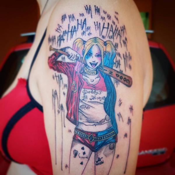 Hahaha Harley Quinn with baseball bat wearing Daddys Lil monster shirt tattoo