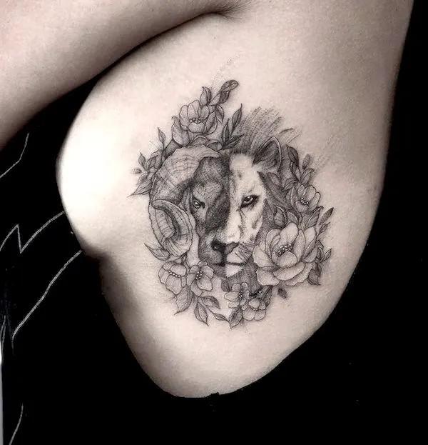 Half Aries ram half Leo lion side tattoo