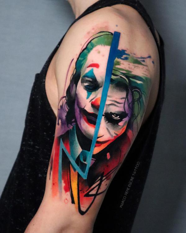 Half Joaquin Phoenix half heath ledger joker tattoo watercolor