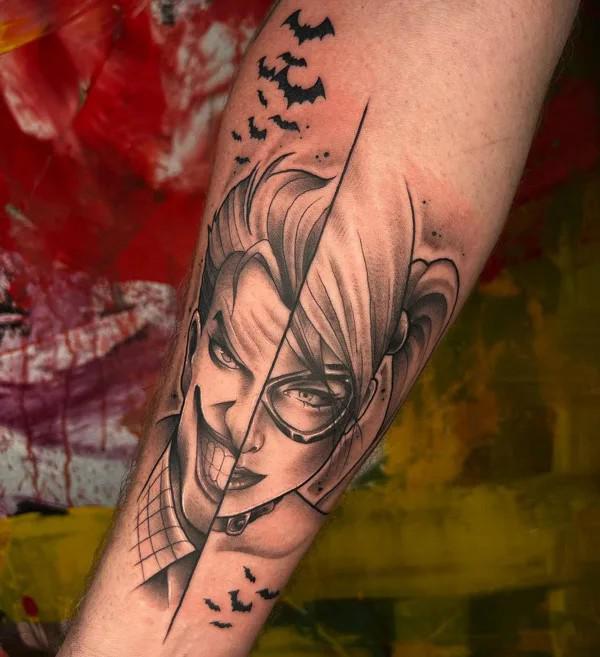 Half Joker and half Harley Quinn tattoo