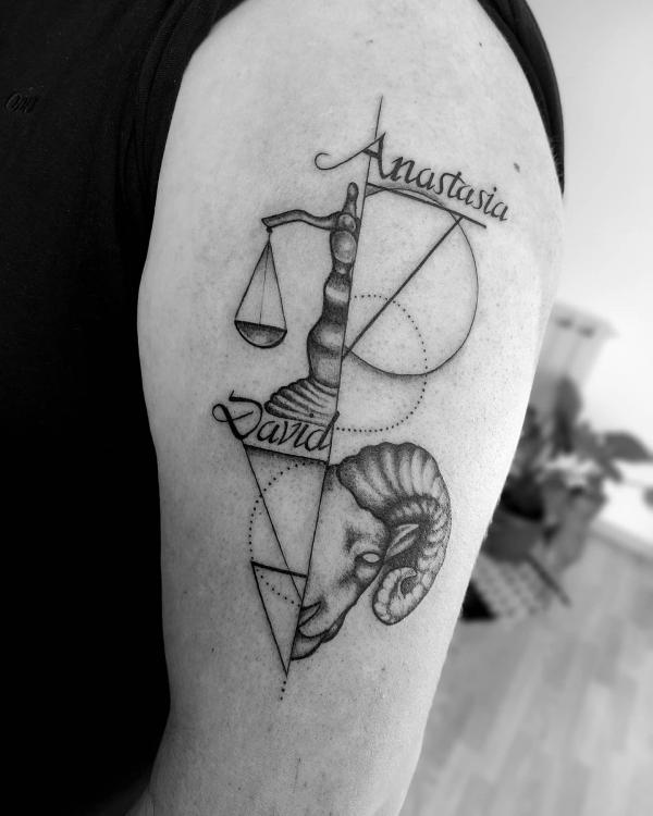 Half Libra scales and half Aries Ram tattoo with names