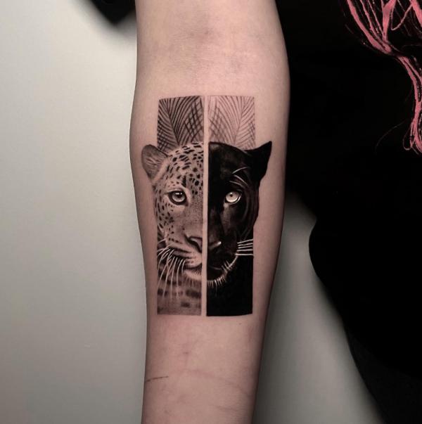 Half jaguar half panther head tattoo realistic