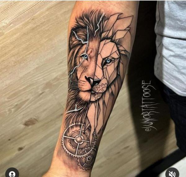 Half lion and half geometric with gears tattoo