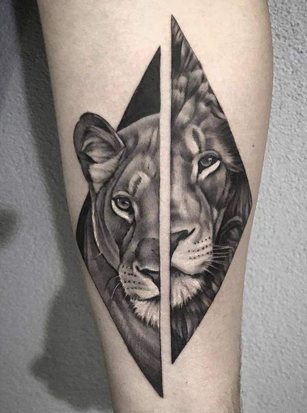 Half panther half lion tattoo realistic