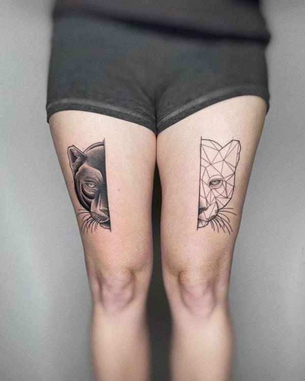 Half realistic half geometric panther heand tattoo