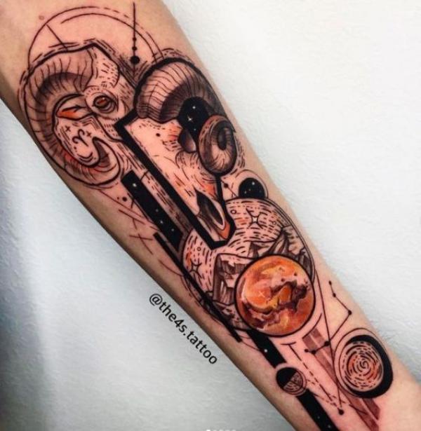Half skull and half Aries Ram with Mars tattoo