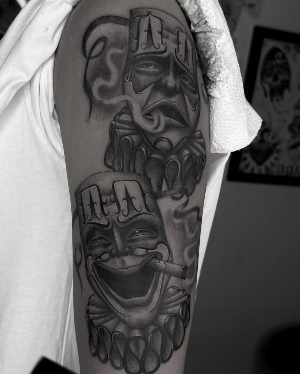 Half sleeve laugh now cry later tattoo