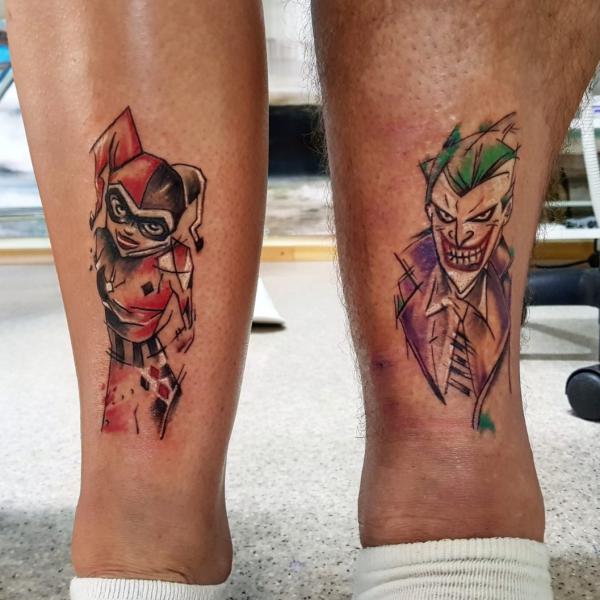 Harley Quinn and Joker lower leg tattoo