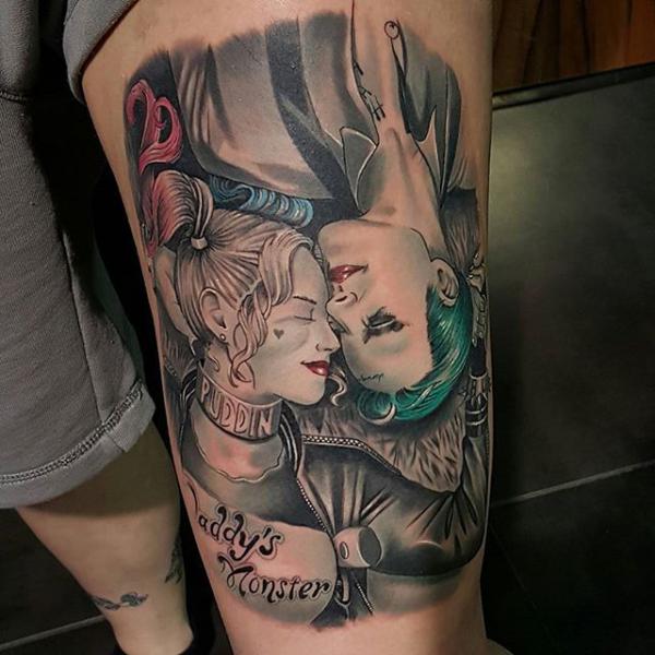 Harley Quinn and Joker thigh tattoo