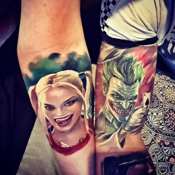 Harley Quinn and joker couple tattoo realistic