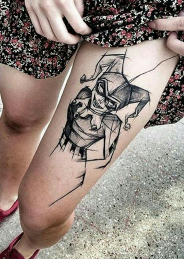 Harley Quinn sketch thigh tattoo
