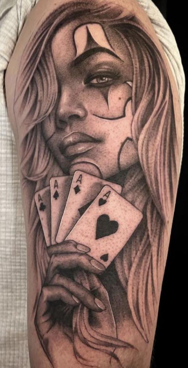 Harley Quinn with ace of spade tattoo