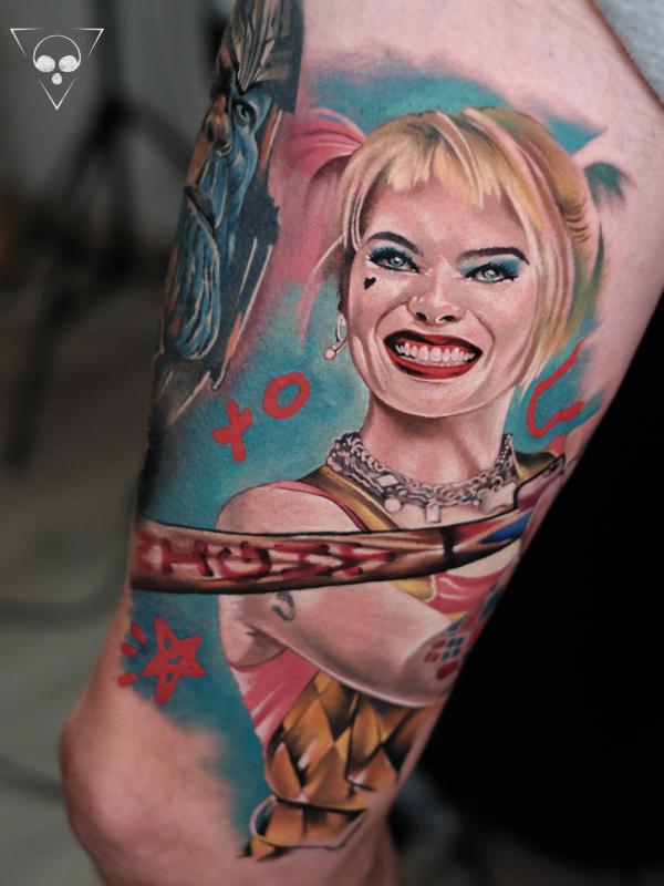Harley Quinn with her Good Night baseball bat tattoo realistic