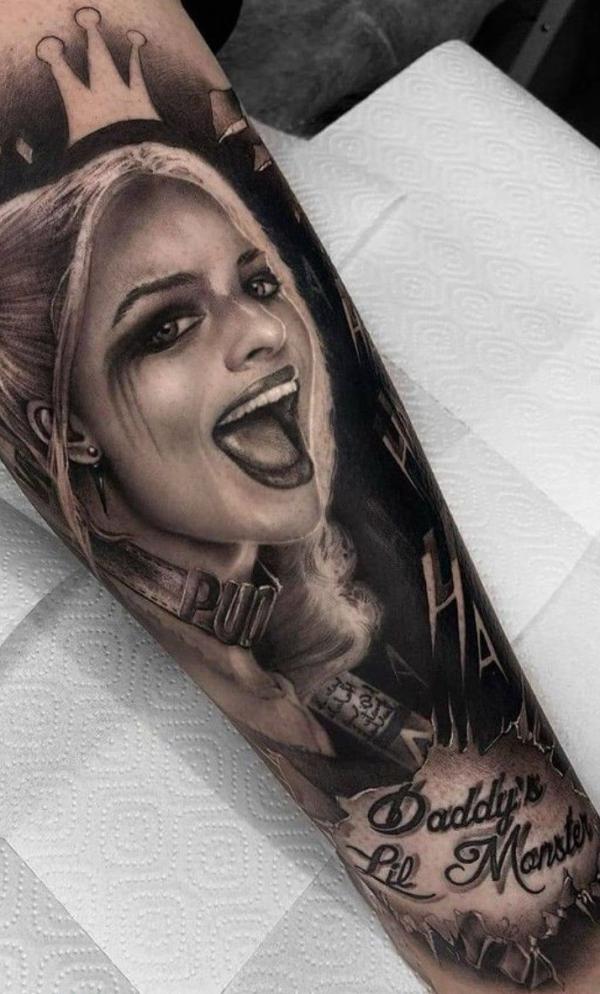 Harley quinn wearing Daddys Lil monster shirt tattoo realistic