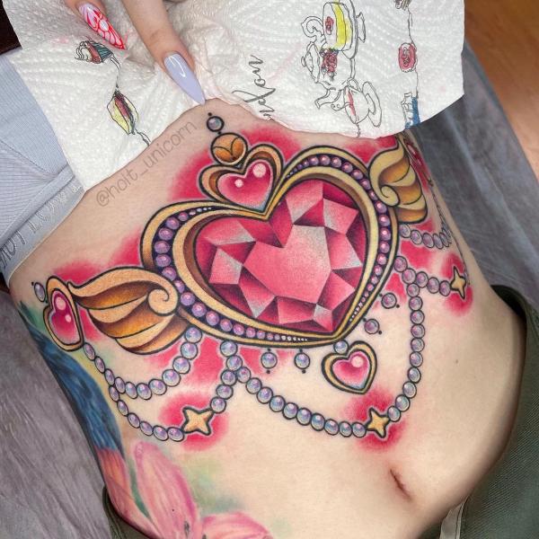 Heart diamond jewel stomach tattoo