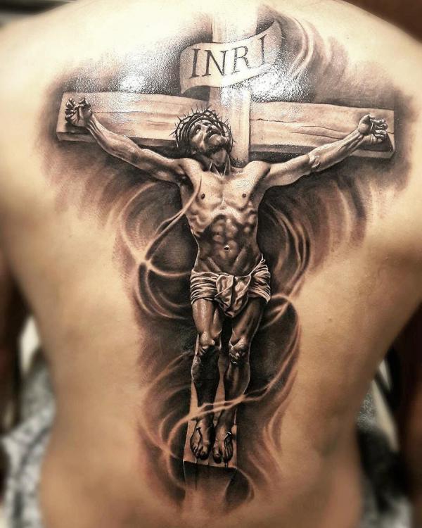 INRI Jesus on cross back tattoo