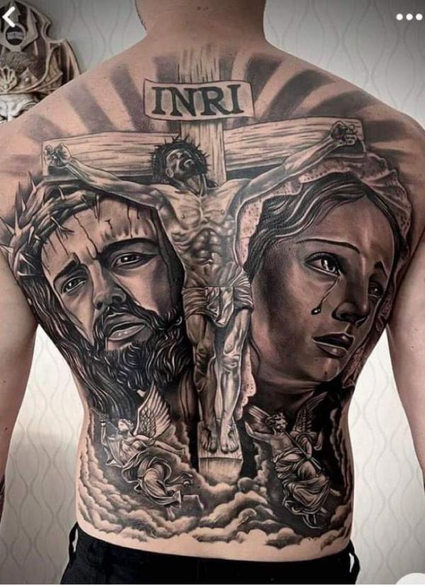 INRI cross tattoo jesus full back