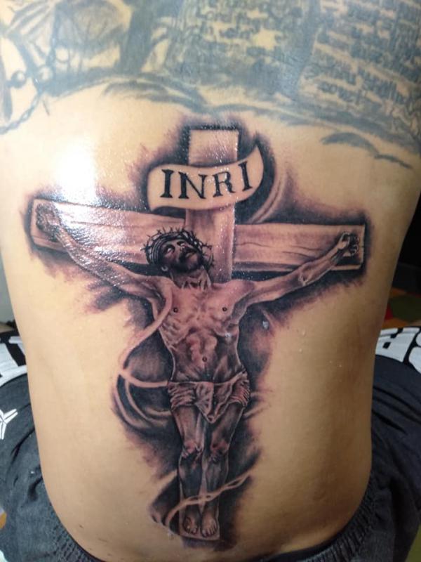 INRI cross tattoo with jesus