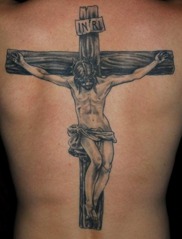 INRI cross with Jesus back tattoo