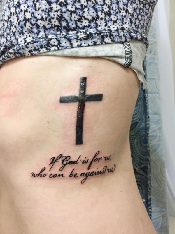 If God is for us who can be against us Romans 8 31 with cross tattoo