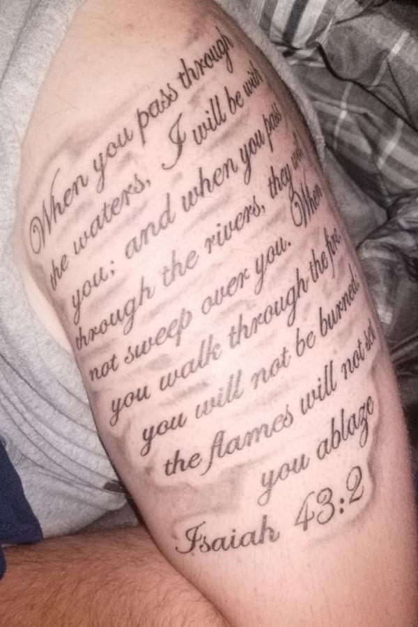 Isaiah 43 2 Bible verse half sleeve tattoo