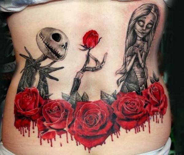 Jack Skellington and Sally with bloody roses stomach tattoo