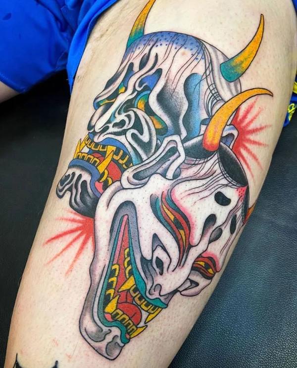 Japanese Hannya laugh now cry later tattoo