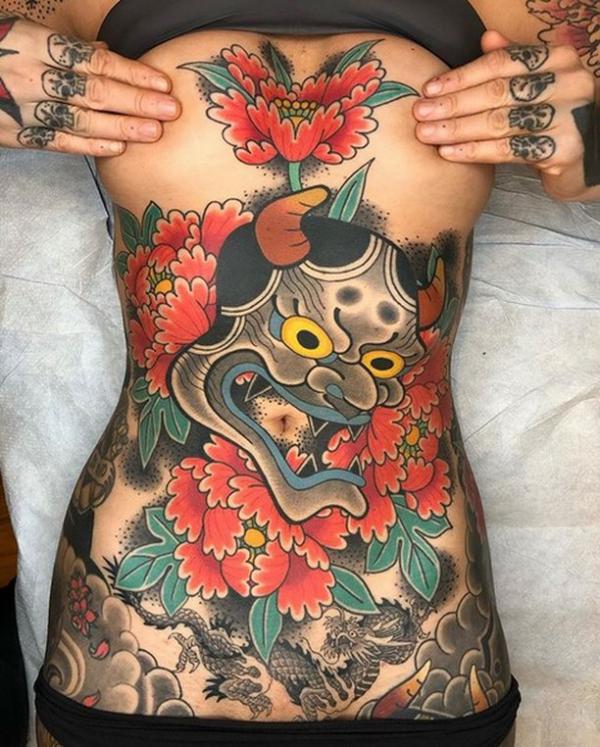 Japanese Hannya mask with peony and dragon stomach tattoo