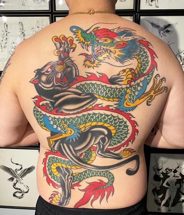 Japanese panther and dragon tattoo full back