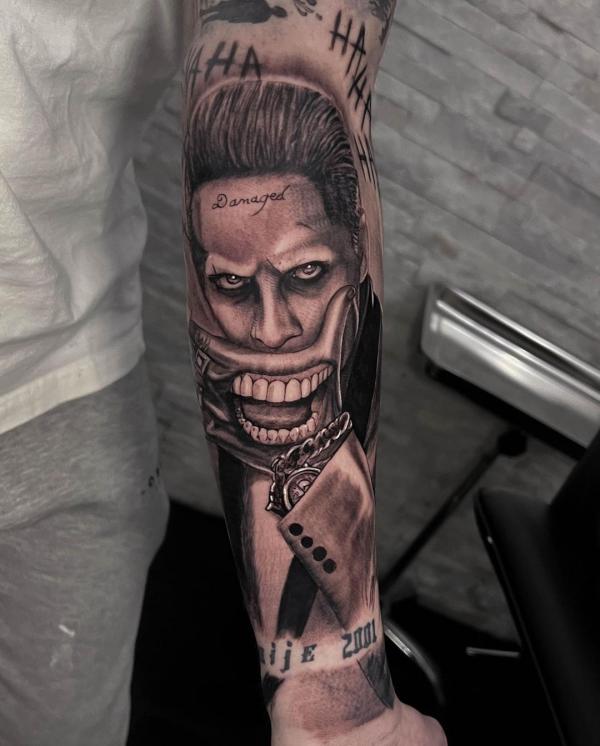 Jared Leto Joker with lock forearm tattoo