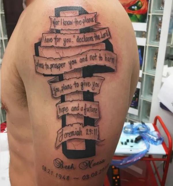 Jeremiah 29 11 with cross ribbon tattoo