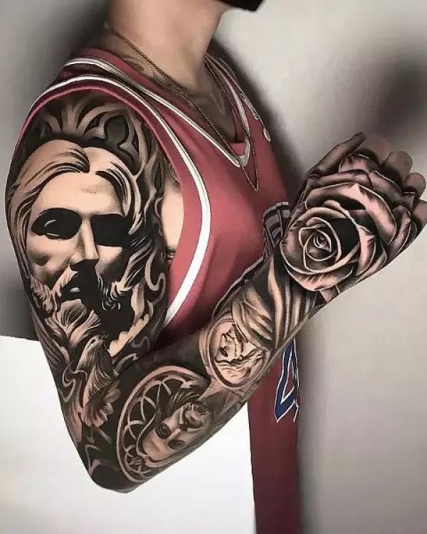 Jesus and San Judas with rose full sleeve tattoo