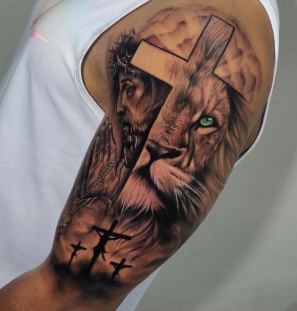 Jesus and lion with cross tattoo half sleeve