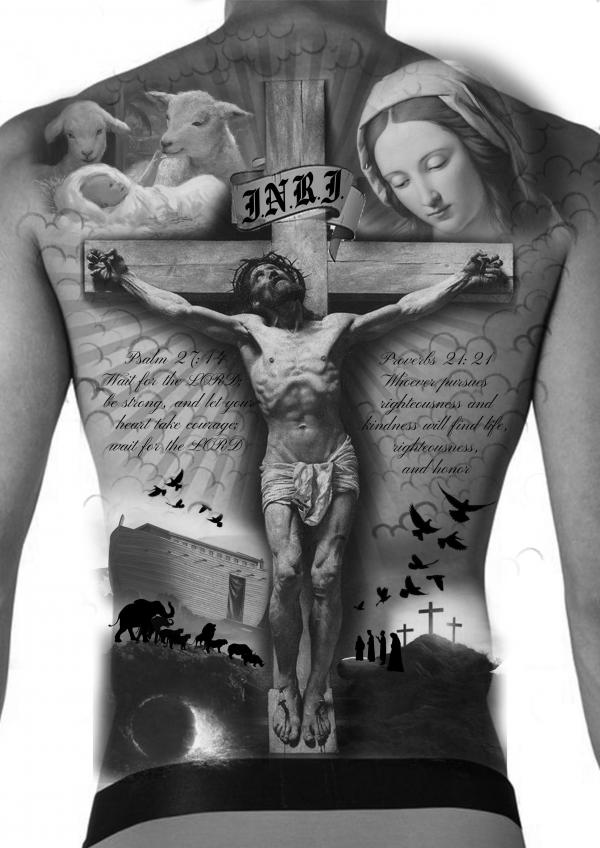 Jesus on INRI cross with Virgin Mary tattoo full back