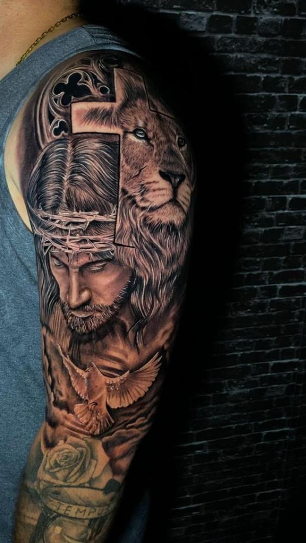 Jesus with dove and cross with lion tattoo half sleeve
