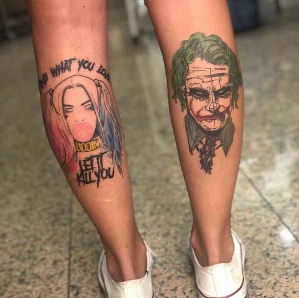 Joker and Harley Quinn calf tattoo