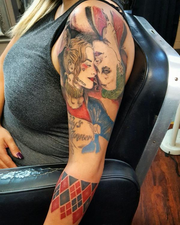 Joker and Harley Quinn with diamond tattoo sleeve