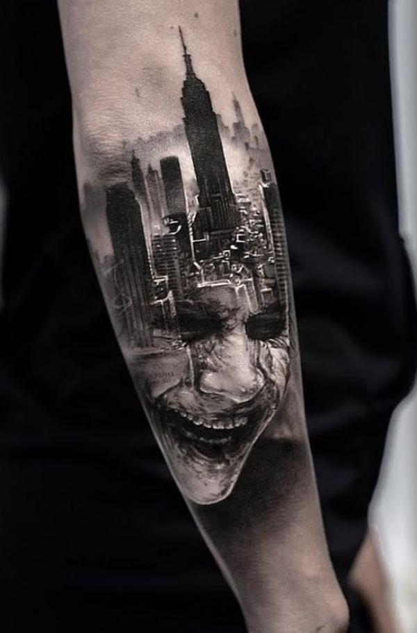 Joker and city tattoo black and white