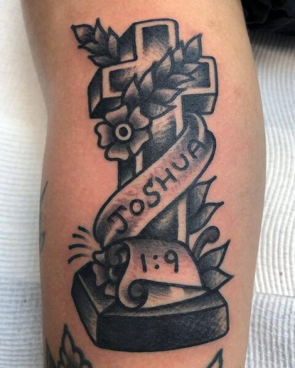 Joshua 1 9 with cross black and white traditional tattoo