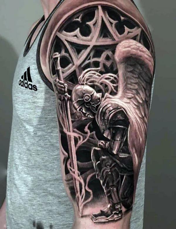 Kneeling Guardian Angel half sleeve tattoo