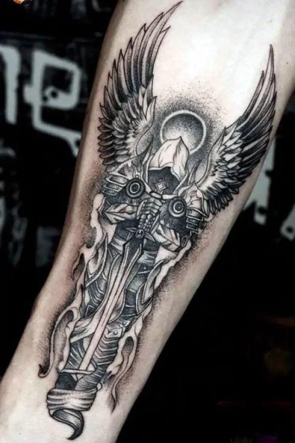 Kneeling Saint Michael dotwork Tattoo