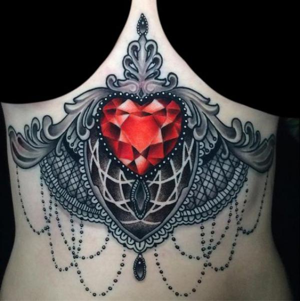 Lace with heart diamond stomach tattoo