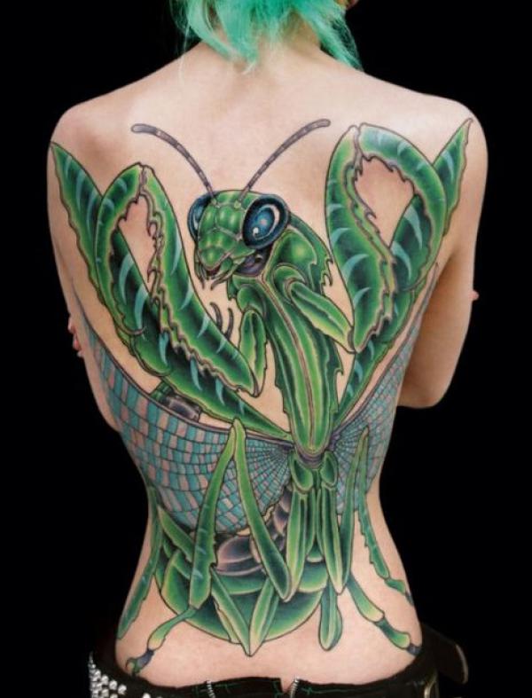 Large praying mantis back tattoo