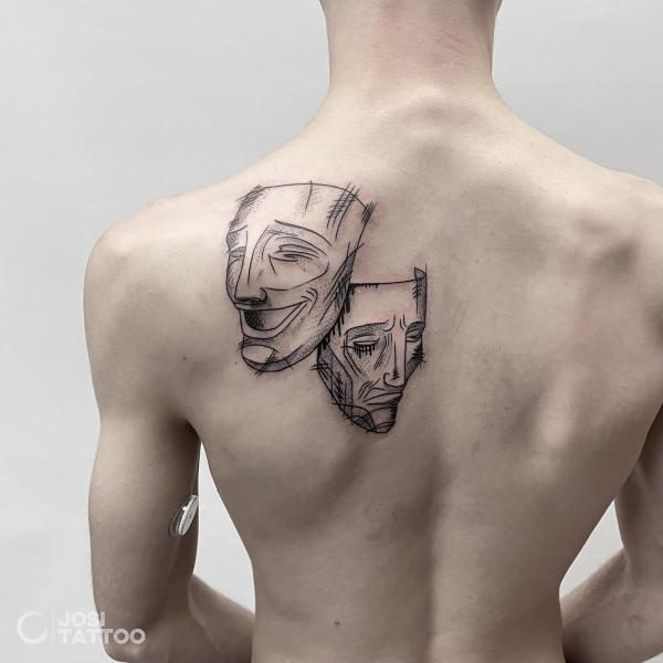 Laugh Now Cry Later shoulder Blade sketch tattoo