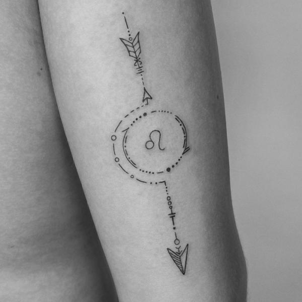 Leo glyph and sagittarius arrow tattoo