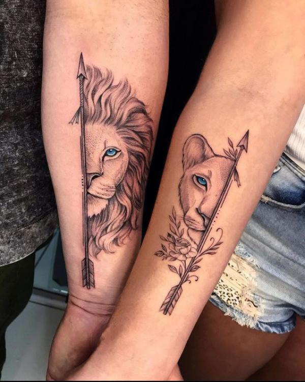 Leo king lion and lioness with arrow matching tattoo