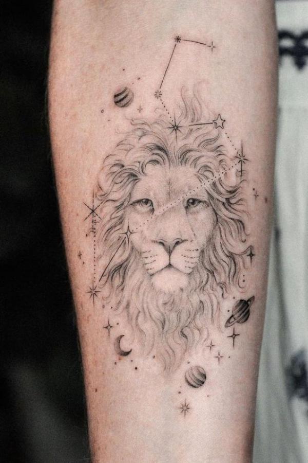 Leo lion with constellation and planets tattoo