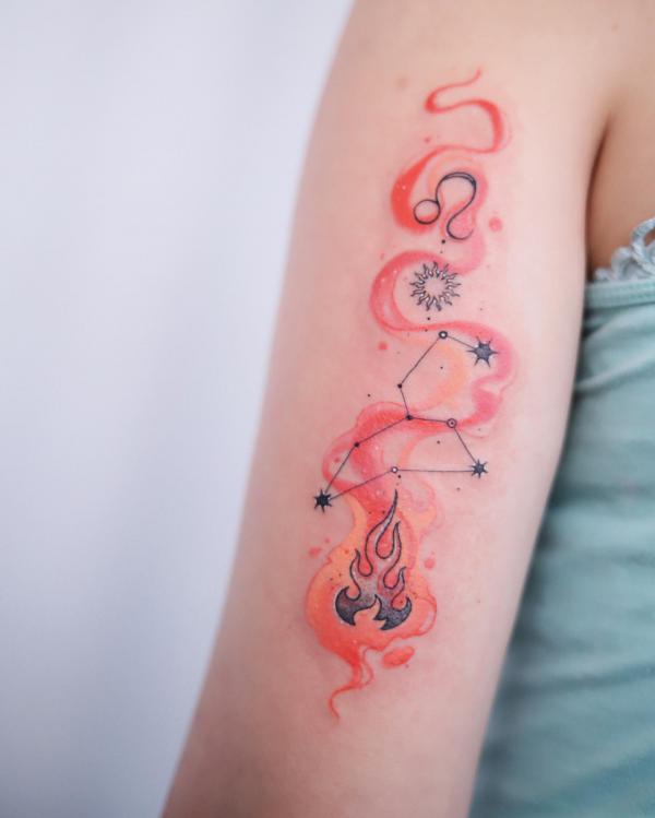 Leo sun constellation and fire tatoo watercolor